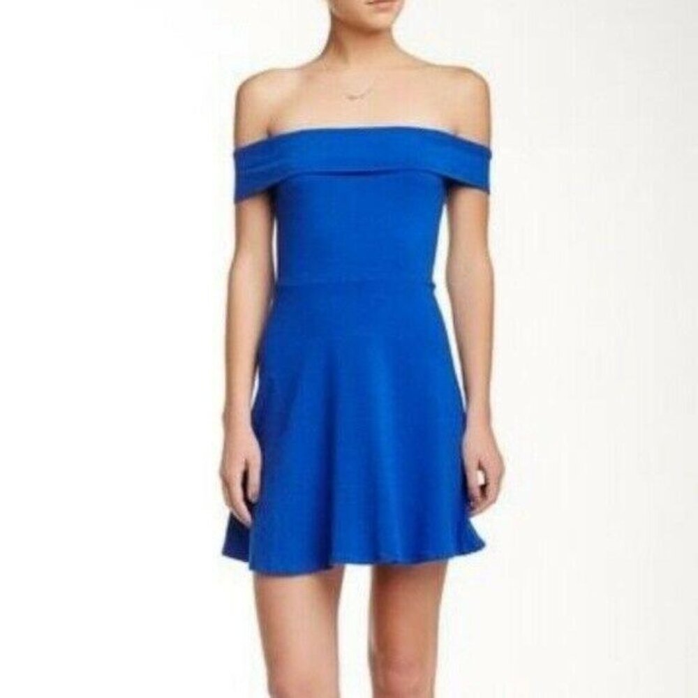 Wayf Dress S Womens Off Shoulder Mini Blue Fit and Flare Party Cocktail Date